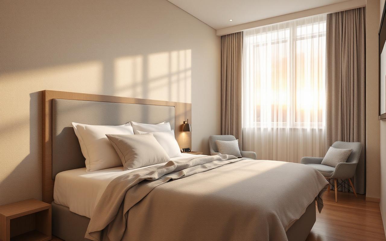 Chambre d'hôtel compacte et lumineuse avec tête de lit intégrée et bureau rabattable, tons beiges et gris doux, accents en bois, lit soigné avec linge texturé, lumière naturelle brillante traversant la fenêtre avec légers rayons volumétriques, ambiance chaleureuse et minimaliste.