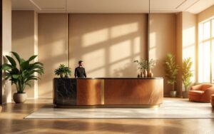 Comptoir de réception sur mesure dans le hall d'un hôtel boutique, avec plateau en marbre et façade en noyer, accents en laiton, fauteuils émeraude, murs beiges texturés, plantes en pot, lumière volumétrique chaude de fin d'après-midi, ambiance élégante et accueillante.