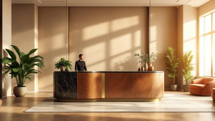 Comptoir de réception sur mesure dans le hall d'un hôtel boutique, avec plateau en marbre et façade en noyer, accents en laiton, fauteuils émeraude, murs beiges texturés, plantes en pot, lumière volumétrique chaude de fin d'après-midi, ambiance élégante et accueillante.