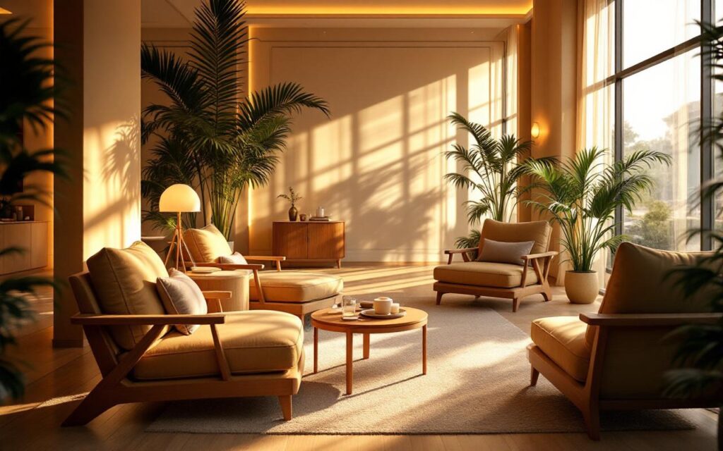 Vue d'un hall d'hôtel cosy avec fauteuils lounge, éclairage chaud et doré, bois naturel et textiles moelleux, ambiance intime et lumineuse, rayons de lumière volumétriques, couleurs beige et vert profond.