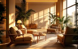 Vue d'un hall d'hôtel cosy avec fauteuils lounge, éclairage chaud et doré, bois naturel et textiles moelleux, ambiance intime et lumineuse, rayons de lumière volumétriques, couleurs beige et vert profond.