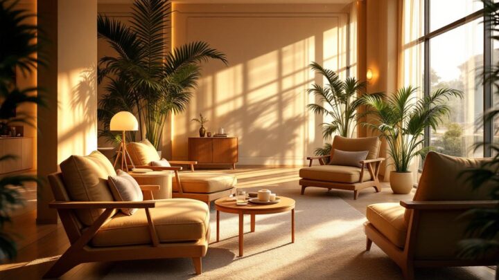 Vue d'un hall d'hôtel cosy avec fauteuils lounge, éclairage chaud et doré, bois naturel et textiles moelleux, ambiance intime et lumineuse, rayons de lumière volumétriques, couleurs beige et vert profond.