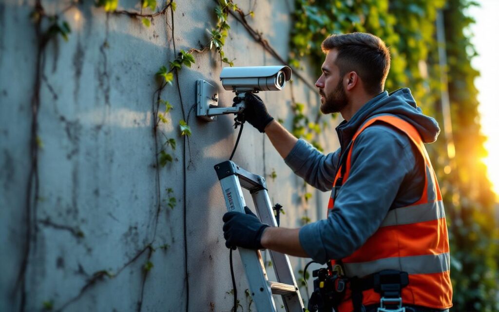 Technicien en gilet de sécurité ajustant une caméra de vidéosurveillance montée sur un mur extérieur, debout sur une échelle, mur en béton partiellement couvert de lierre, lumière chaude du coucher de soleil et ambiance urbaine.