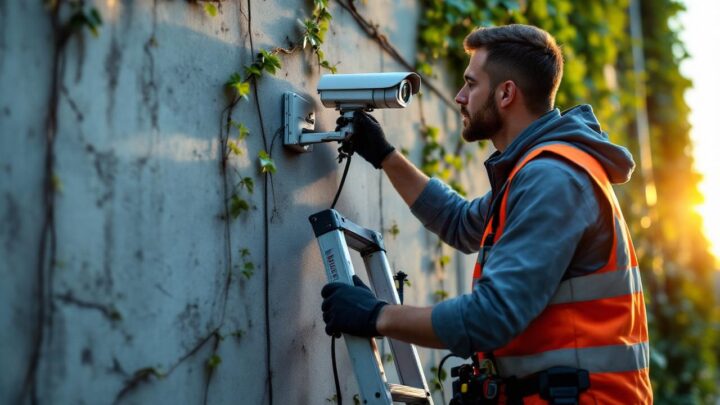 Technicien en gilet de sécurité ajustant une caméra de vidéosurveillance montée sur un mur extérieur, debout sur une échelle, mur en béton partiellement couvert de lierre, lumière chaude du coucher de soleil et ambiance urbaine.