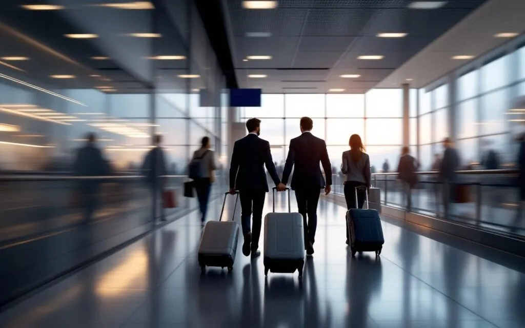 Une équipe commerciale se déplace dans un aéroport avec des valises cabine, des ordinateurs portables et des documents de mission avant un roadshow B2B.