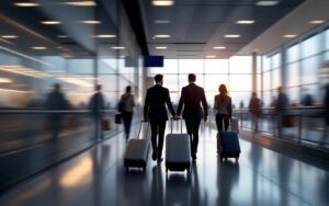 Une équipe commerciale se déplace dans un aéroport avec des valises cabine, des ordinateurs portables et des documents de mission avant un roadshow B2B.