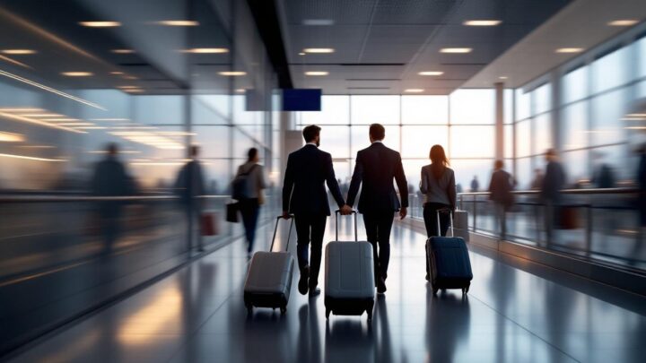 Une équipe commerciale se déplace dans un aéroport avec des valises cabine, des ordinateurs portables et des documents de mission avant un roadshow B2B.
