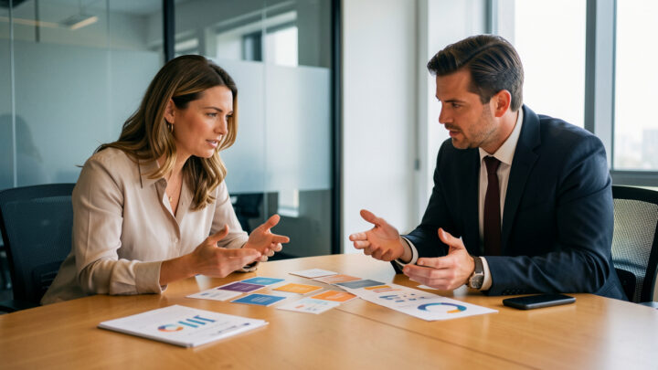 Une femme du marketing et un homme commercial analysent ensemble des indicateurs abstraits de prospects dans un bureau moderne, avec des points de vue divergents.