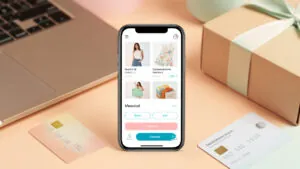 Smartphone présentant une interface de boutique mobile épurée, entouré d’un ordinateur portable, d’un colis et d’une carte bancaire.