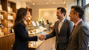 Une commerçante accueille chaleureusement deux clients fidèles dans une boutique élégante, illustrant une relation de confiance malgré une évolution des prix.