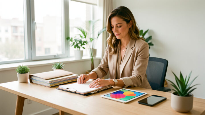 Une dirigeante de petite entreprise organise des dossiers, un agenda et des outils numériques sur un bureau en bois dans un espace de travail lumineux.