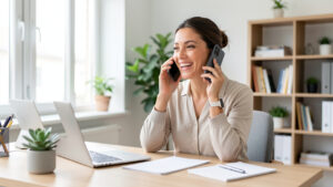 Une femme responsable d’une petite entreprise échange chaleureusement au téléphone dans un bureau lumineux, organisé et moderne.