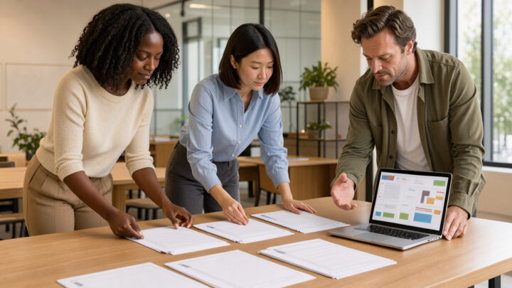 Équipe B2B composée de deux femmes et d’un homme réunie autour d’une table lumineuse, préparant des supports imprimés vierges et consultant un ordinateur dans un bureau professionnel.